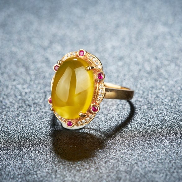 14k Gold 6.15 Ct Natural Prehnite & Diamond & Ruby Ring - 3