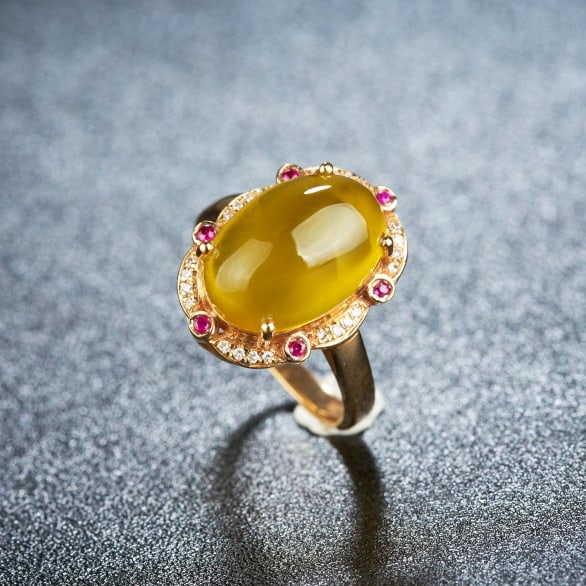 14k Gold 6.15 Ct Natural Prehnite & Diamond & Ruby Ring - 6