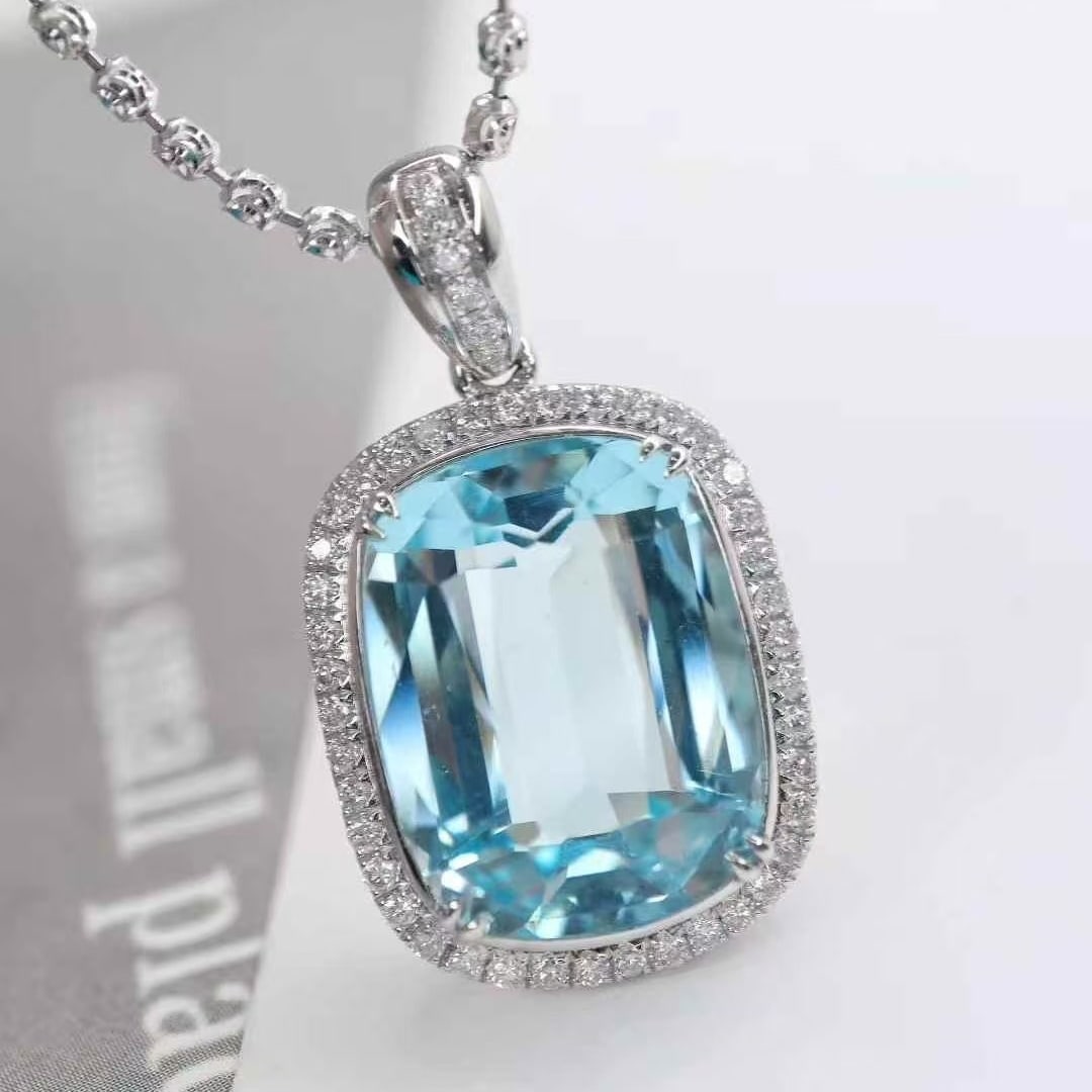 14k Gold 6.59 Ctw Natural Aquamarine & Diamond Pendant( Without Chain ) - 2