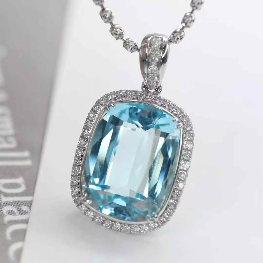 14k Gold 6.59 Ctw Natural Aquamarine & Diamond Pendant( Without Chain ) - 3