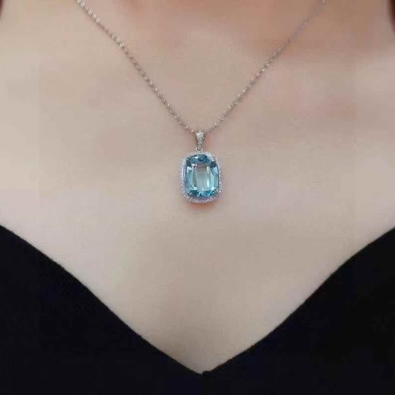 14k Gold 6.59 Ctw Natural Aquamarine & Diamond Pendant( Without Chain ) - 4