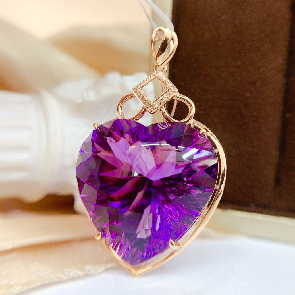14k Gold 45 Ct Natural Amethyst & Diamond Pendant( Without Chain ) - 4
