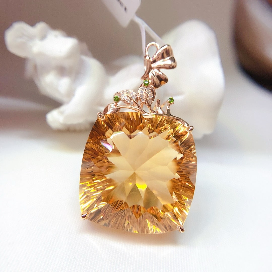 14k Gold 50 Ct Natural Citrine & Diamond Pendant( Without Chain ) - 2