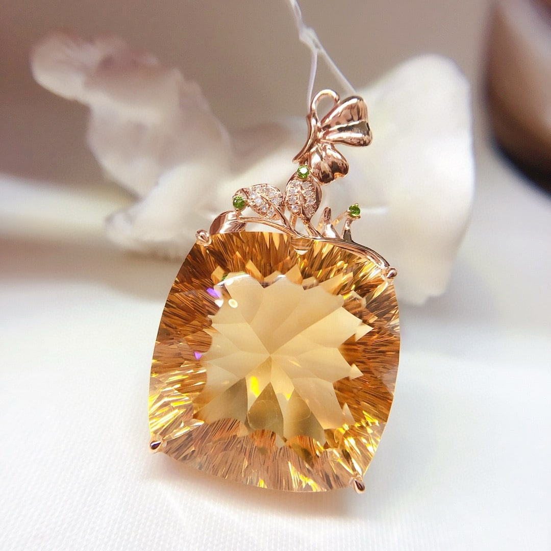 14k Gold 50 Ct Natural Citrine & Diamond Pendant( Without Chain ) - 3