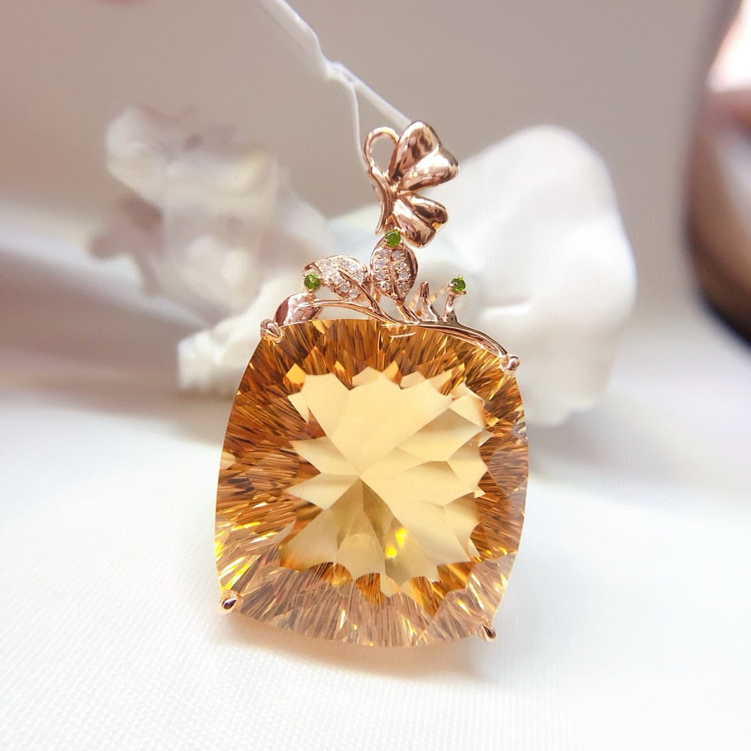 14k Gold 50 Ct Natural Citrine & Diamond Pendant( Without Chain ) - 4