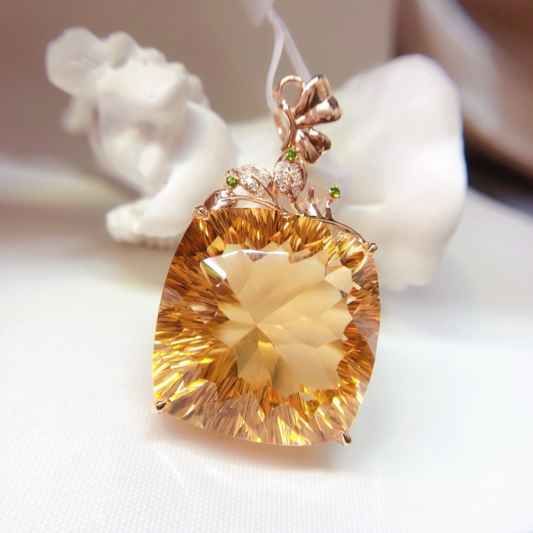14k Gold 50 Ct Natural Citrine & Diamond Pendant( Without Chain ) - 5