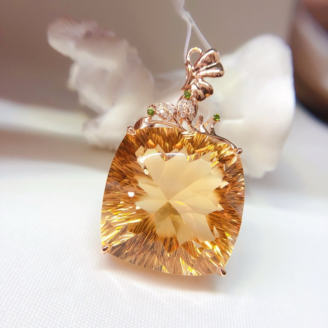 14k Gold 50 Ct Natural Citrine & Diamond Pendant( Without Chain ) - 6