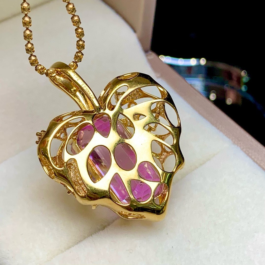 14k Gold 21.3 Ct Natural Kunzite & Diamond & Sapphire Pendant( Without Chain ) - 5