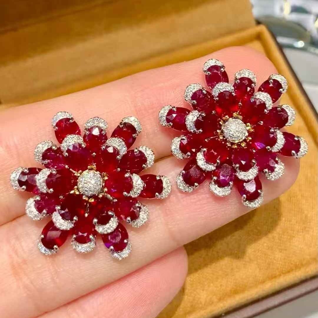 14k Gold 11.25 Ct Natural Ruby & Diamond Earrings - 5