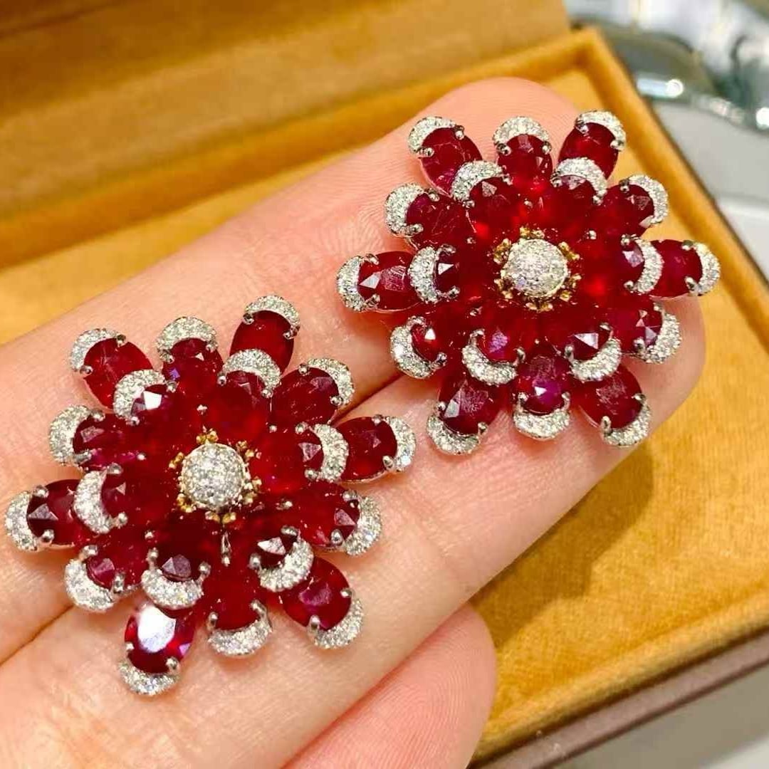 14k Gold 11.25 Ct Natural Ruby & Diamond Earrings - 6