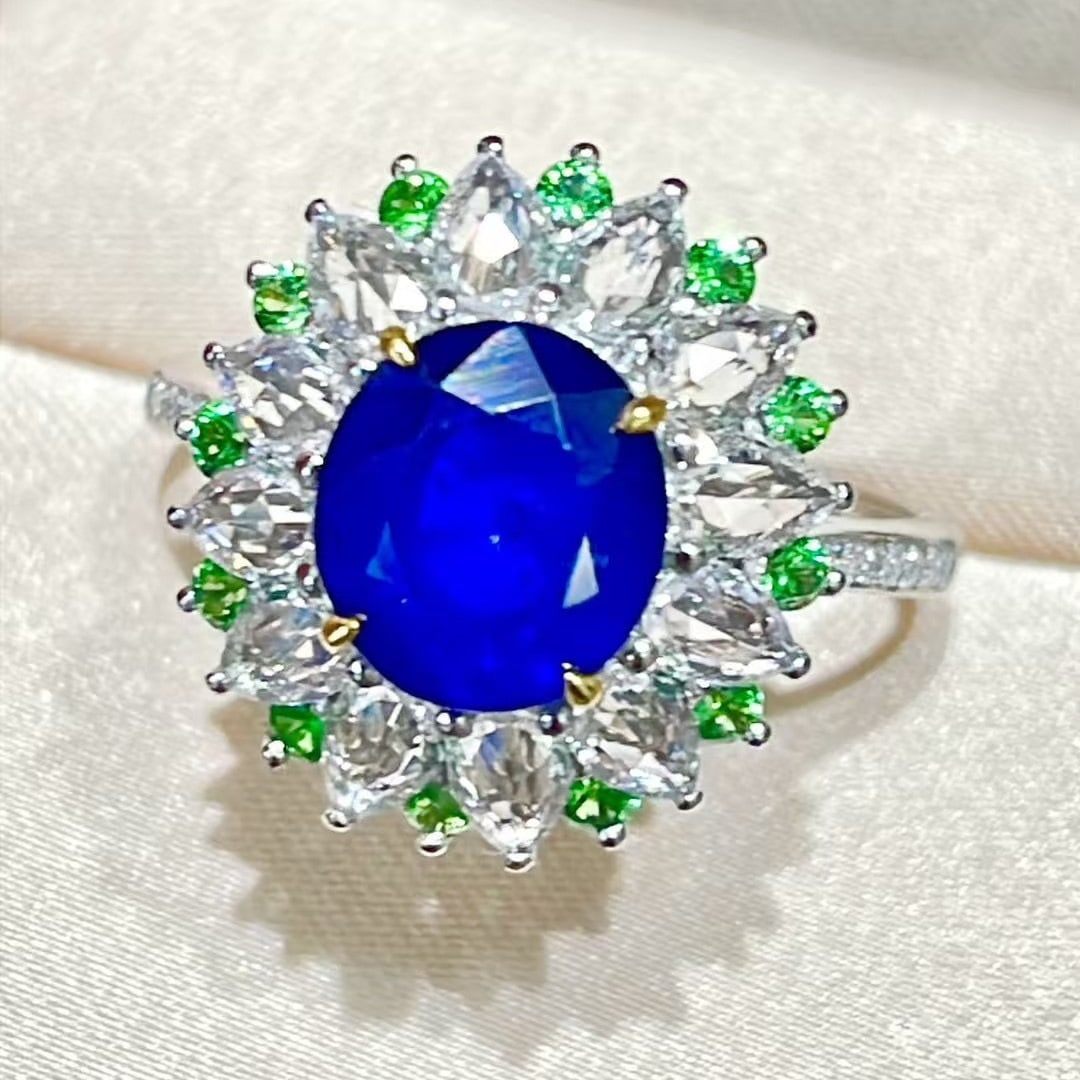 14k Gold 2.48 Ct Natural Sapphire & Diamond & Sapphire & Tsavorite Ring - 3