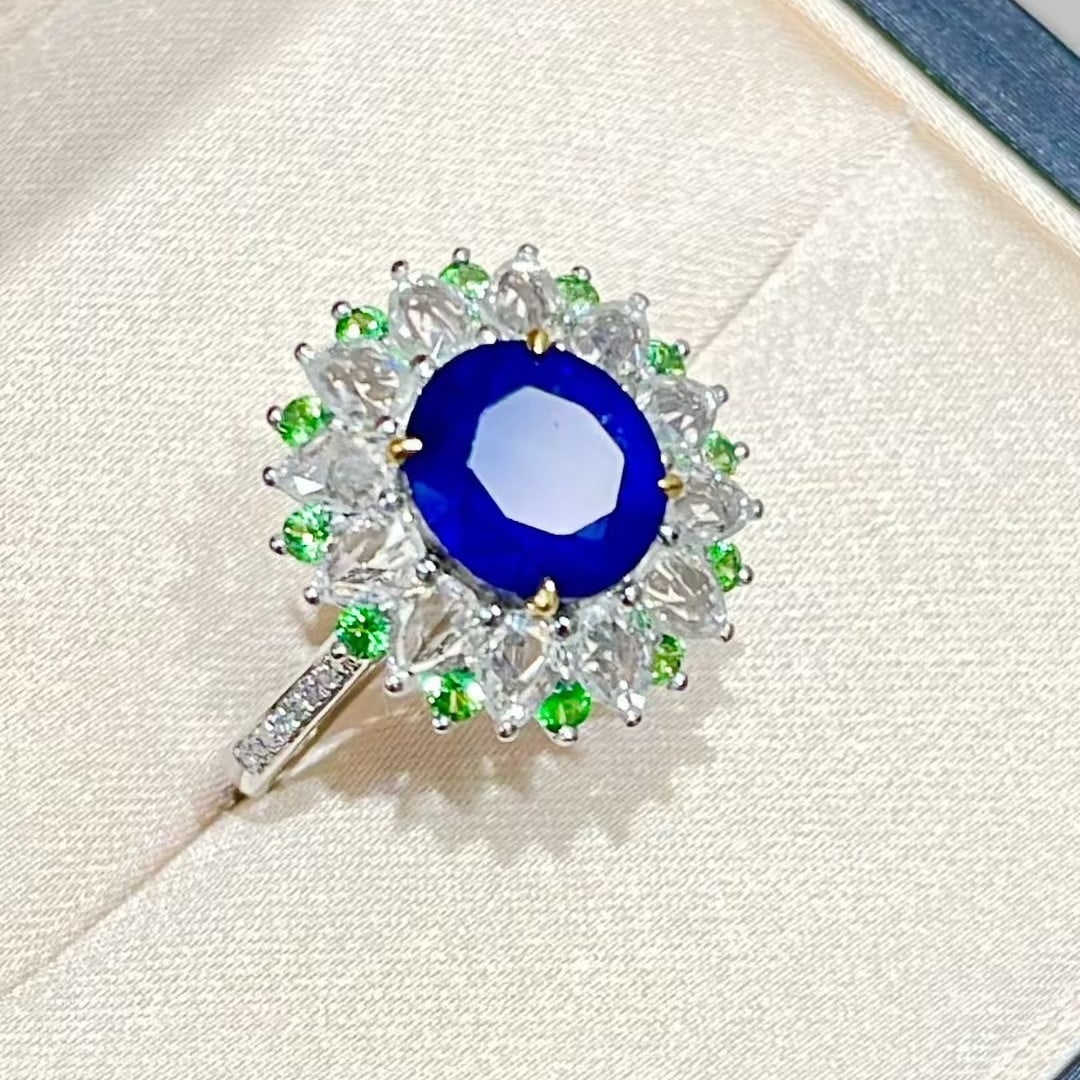 14k Gold 2.48 Ct Natural Sapphire & Diamond & Sapphire & Tsavorite Ring - 4