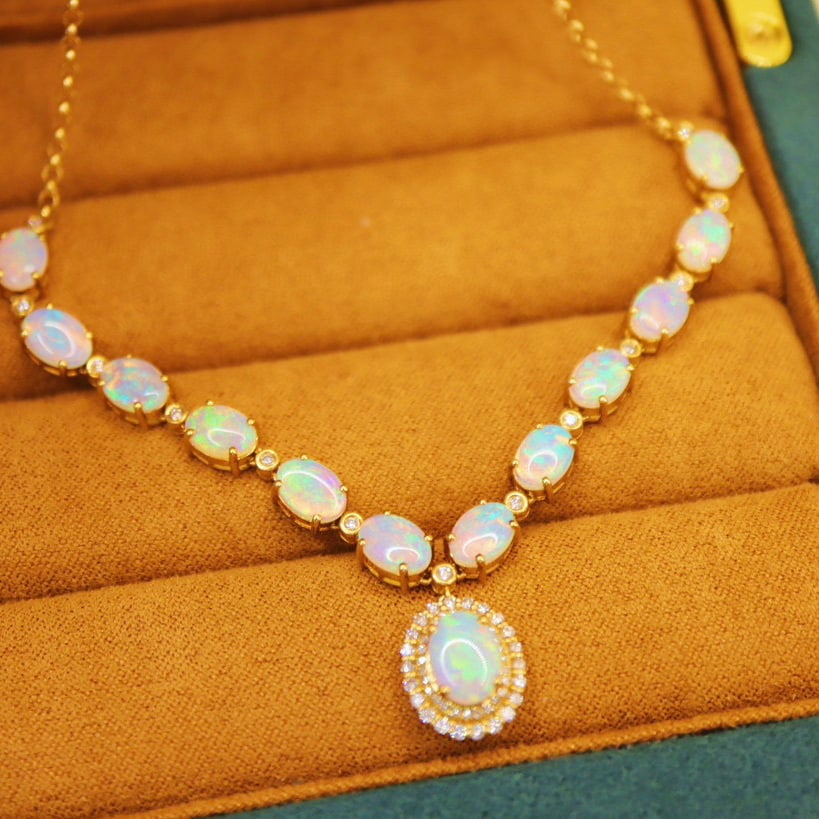 14k Gold 5.78 Ctw Natural Opal & Diamond Necklace - 4