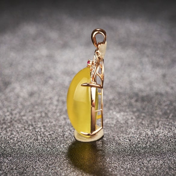 14k Gold 23.66 Ct Natural Prehnite & Diamond & Ruby Pendant( Without Chain ) - 4