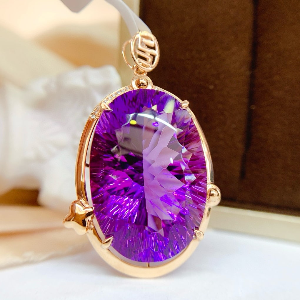 14k Gold 34.35 Ct Natural Amethyst & Diamond Pendant( Without Chain ) - 2