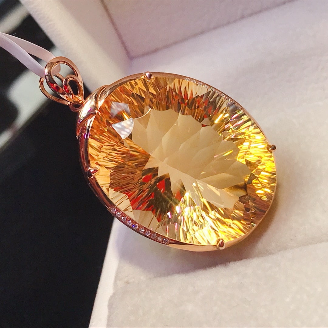 14k Gold 47.35 Ct Natural Citrine & Diamond Pendant( Without Chain ) - 2