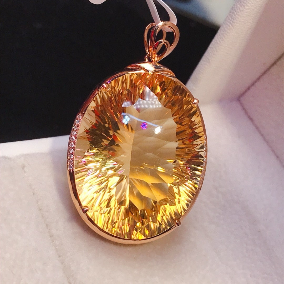 14k Gold 47.35 Ct Natural Citrine & Diamond Pendant( Without Chain ) - 4
