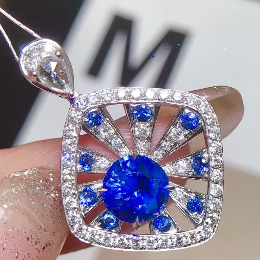 14k Gold 2.29 Ctw Natural Sapphire & Diamond Pendant( Without Chain ): Ref:231055175 // gold content:14k gold // main gemstone:sapphire // shape:round // carat weight:1. 59ct // color:royal blue // treatment:natural // cut grade:g // // adjacent gemstone 2 : diamond // s