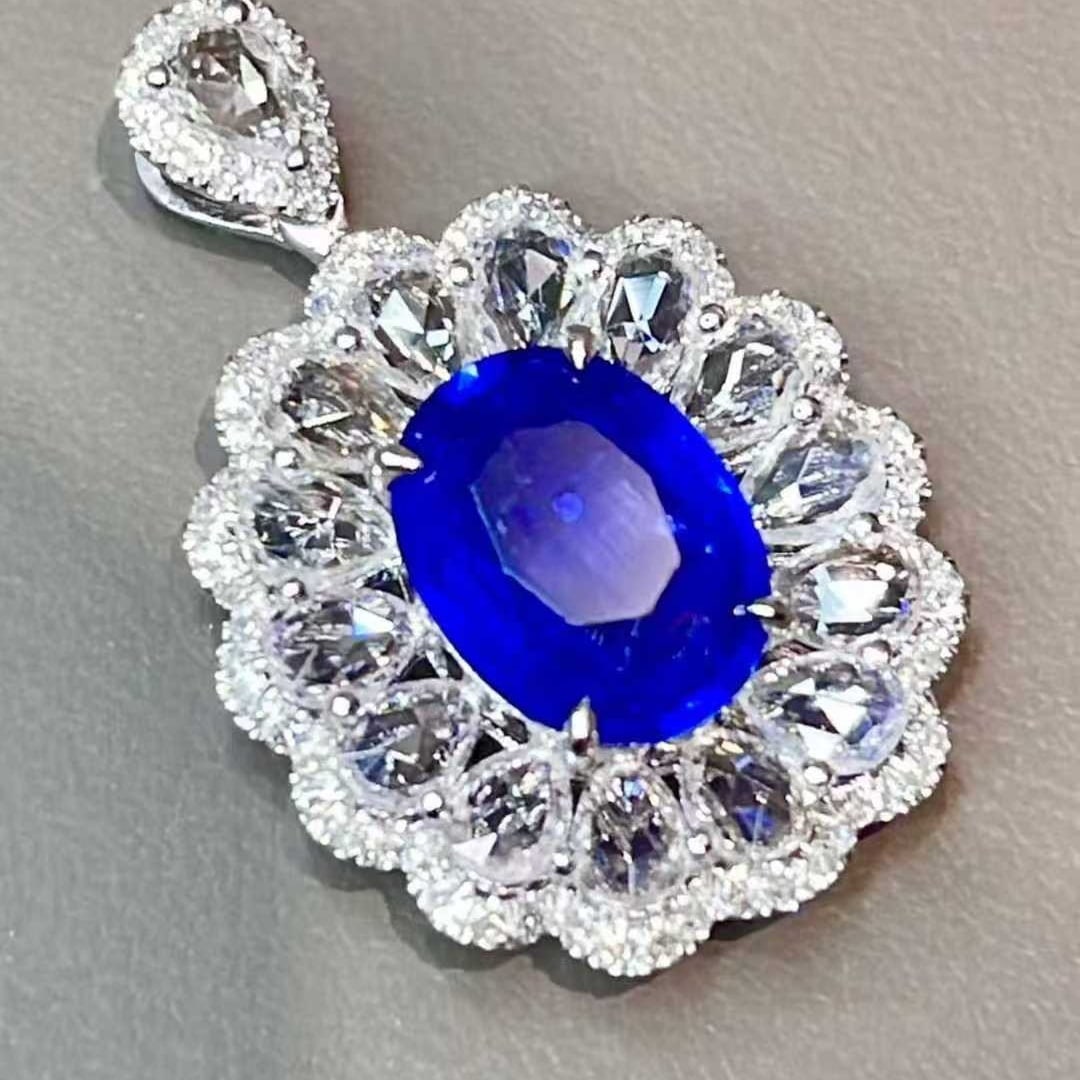 14k Gold 1.92 Ct Natural Sapphire & Diamond & Sapphire Pendant( Without Chain ) - 2