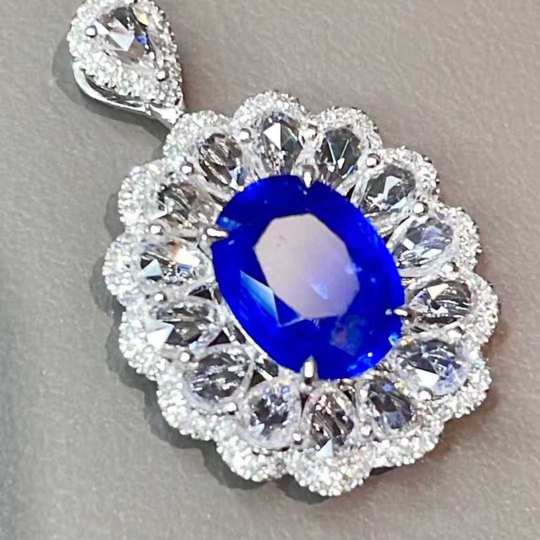 14k Gold 1.92 Ct Natural Sapphire & Diamond & Sapphire Pendant( Without Chain ) - 3