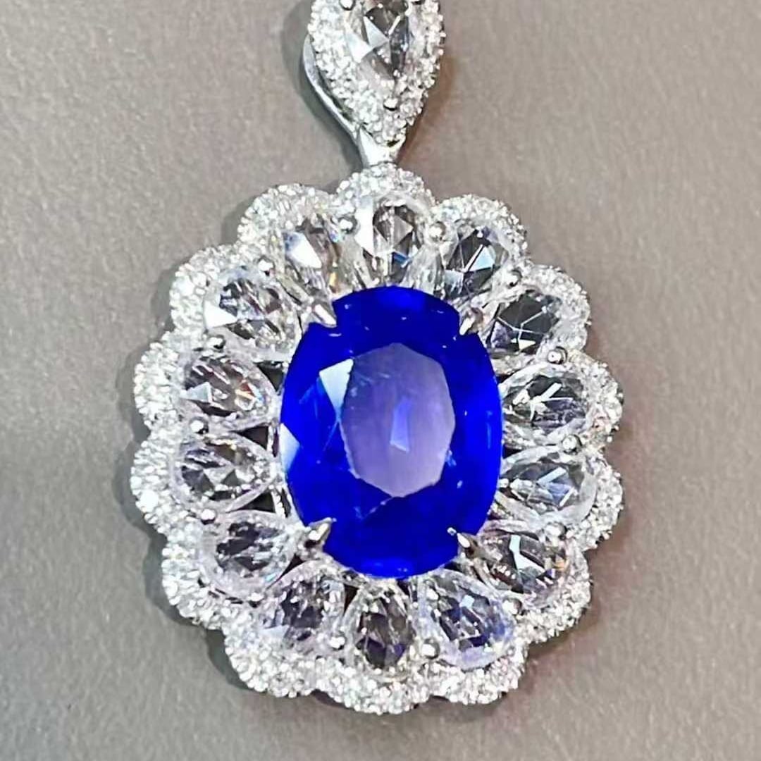 14k Gold 1.92 Ct Natural Sapphire & Diamond & Sapphire Pendant( Without Chain ) - 4
