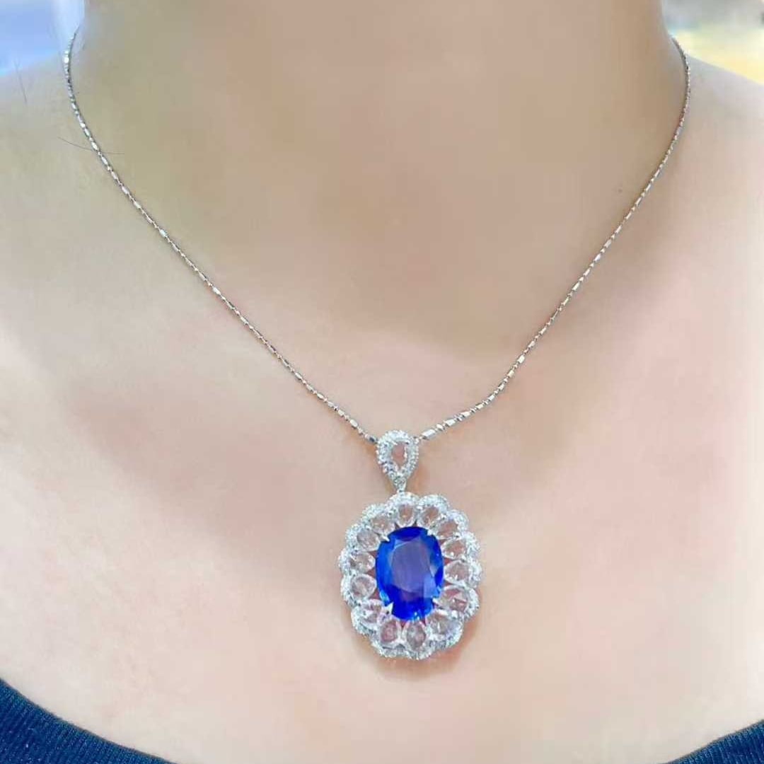 14k Gold 1.92 Ct Natural Sapphire & Diamond & Sapphire Pendant( Without Chain ) - 5