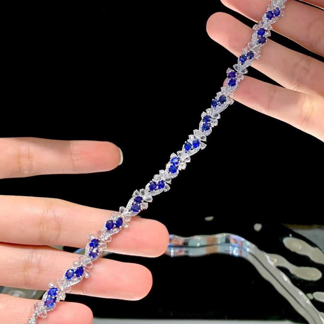 14k Gold 5.9 Ct Natural Sapphire & Diamond & Sapphire Bracelet - 2