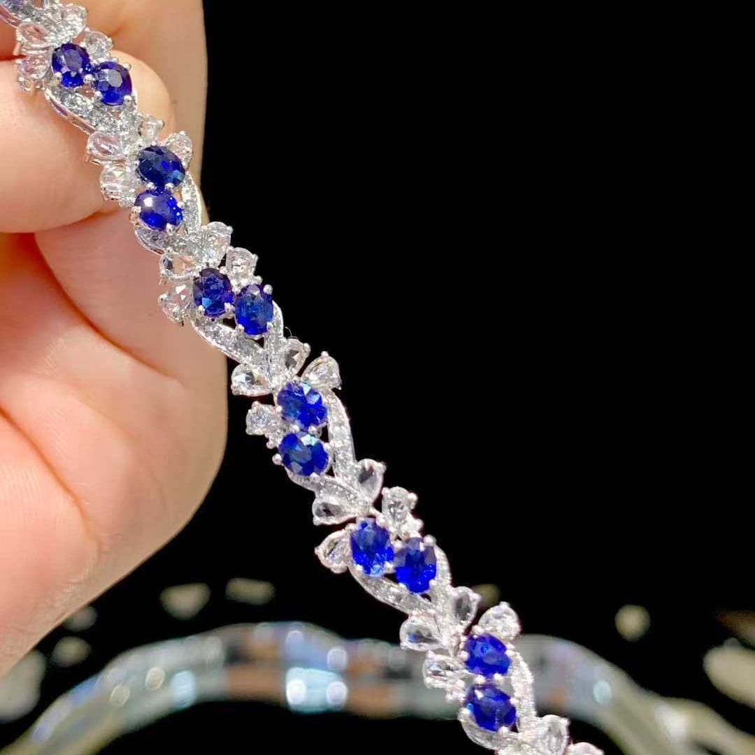 14k Gold 5.9 Ct Natural Sapphire & Diamond & Sapphire Bracelet - 3