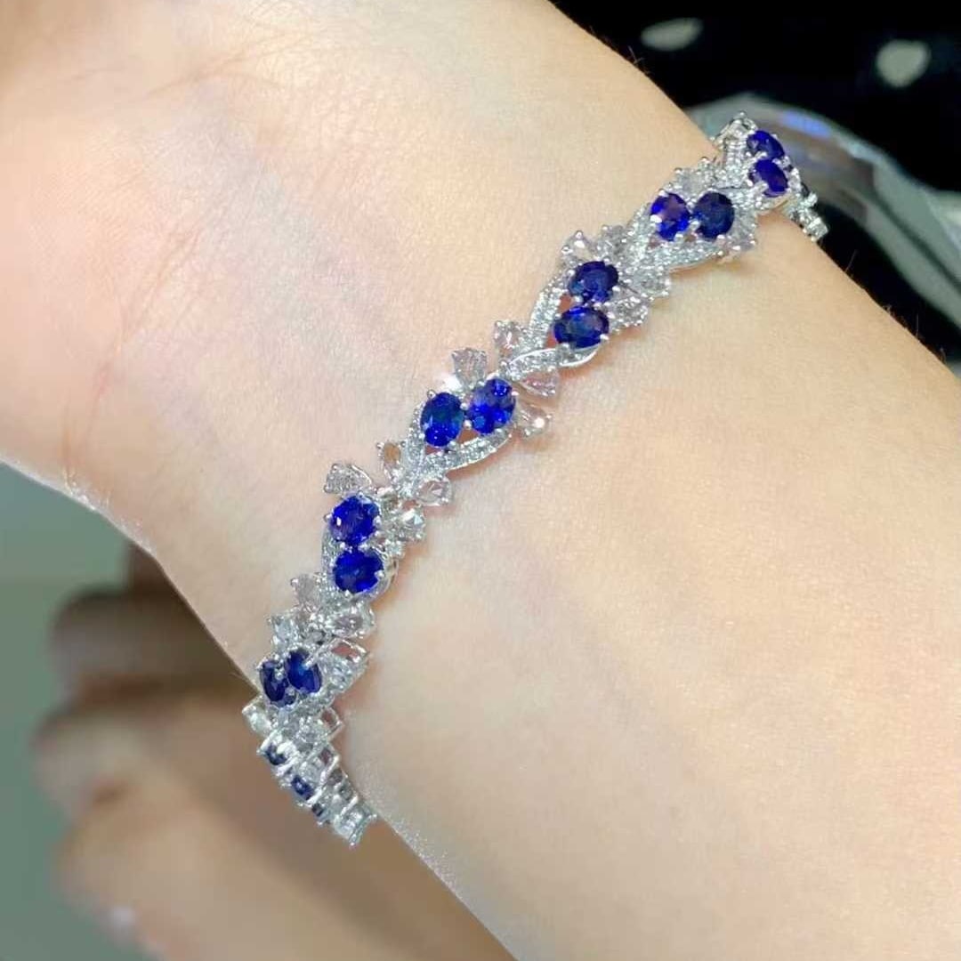 14k Gold 5.9 Ct Natural Sapphire & Diamond & Sapphire Bracelet - 4