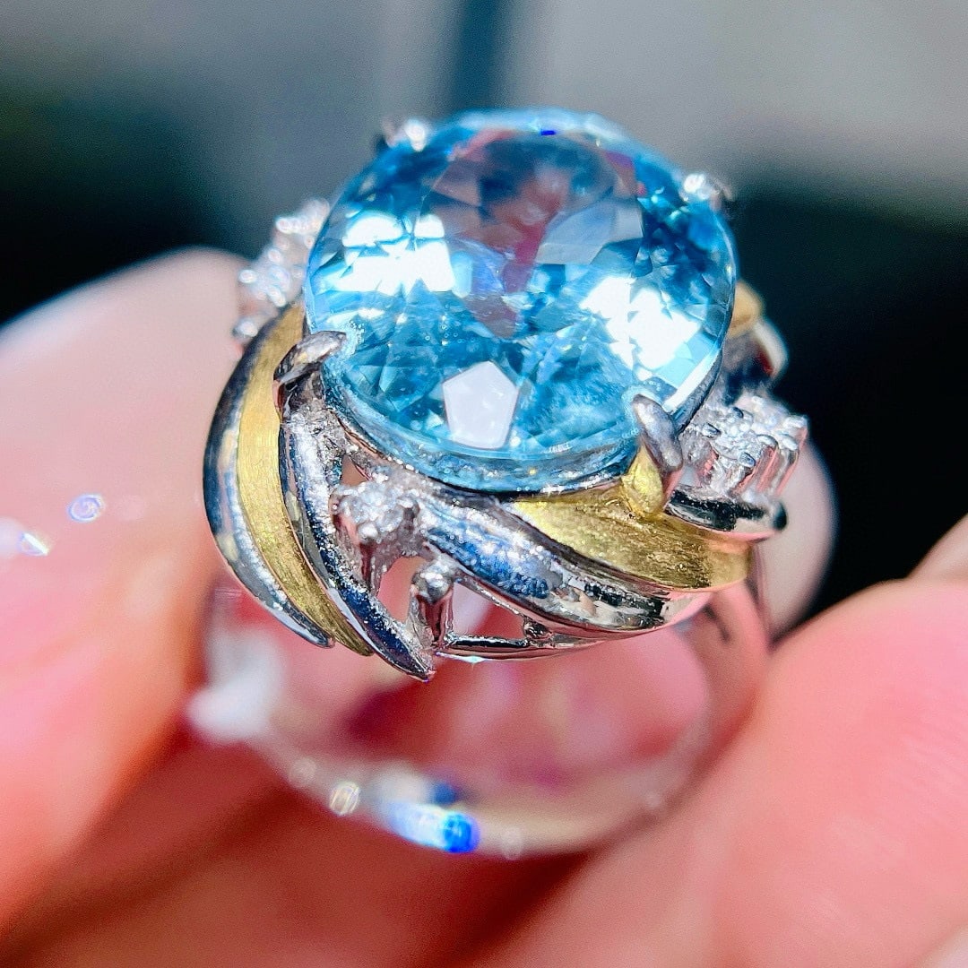14k Gold 8.89 Ctw Natural Aquamarine & Diamond Ring - 5