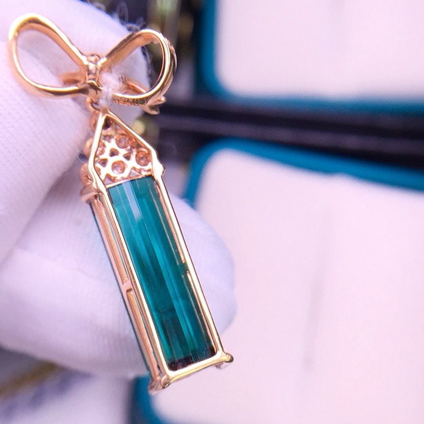 14k Gold 7.5 Ct Natural Tourmaline & Diamond Pendant( Without Chain ) - 3