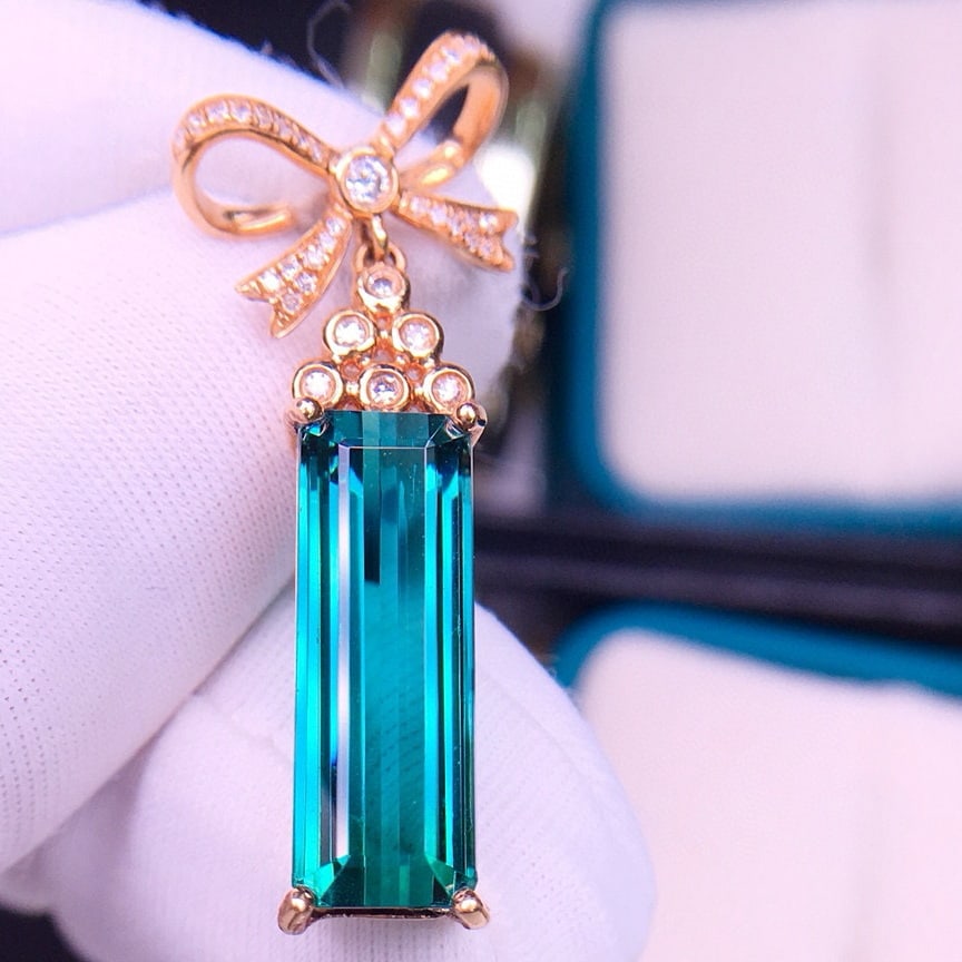 14k Gold 7.5 Ct Natural Tourmaline & Diamond Pendant( Without Chain ) - 5