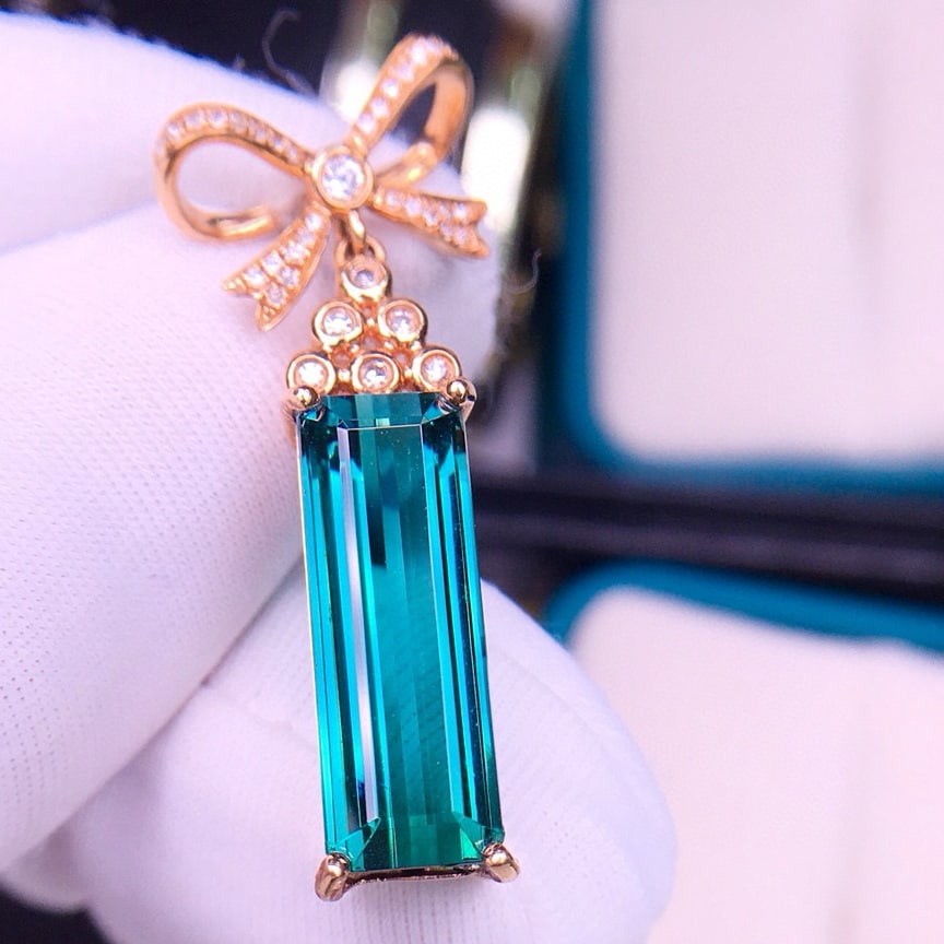 14k Gold 7.5 Ct Natural Tourmaline & Diamond Pendant( Without Chain ) - 6