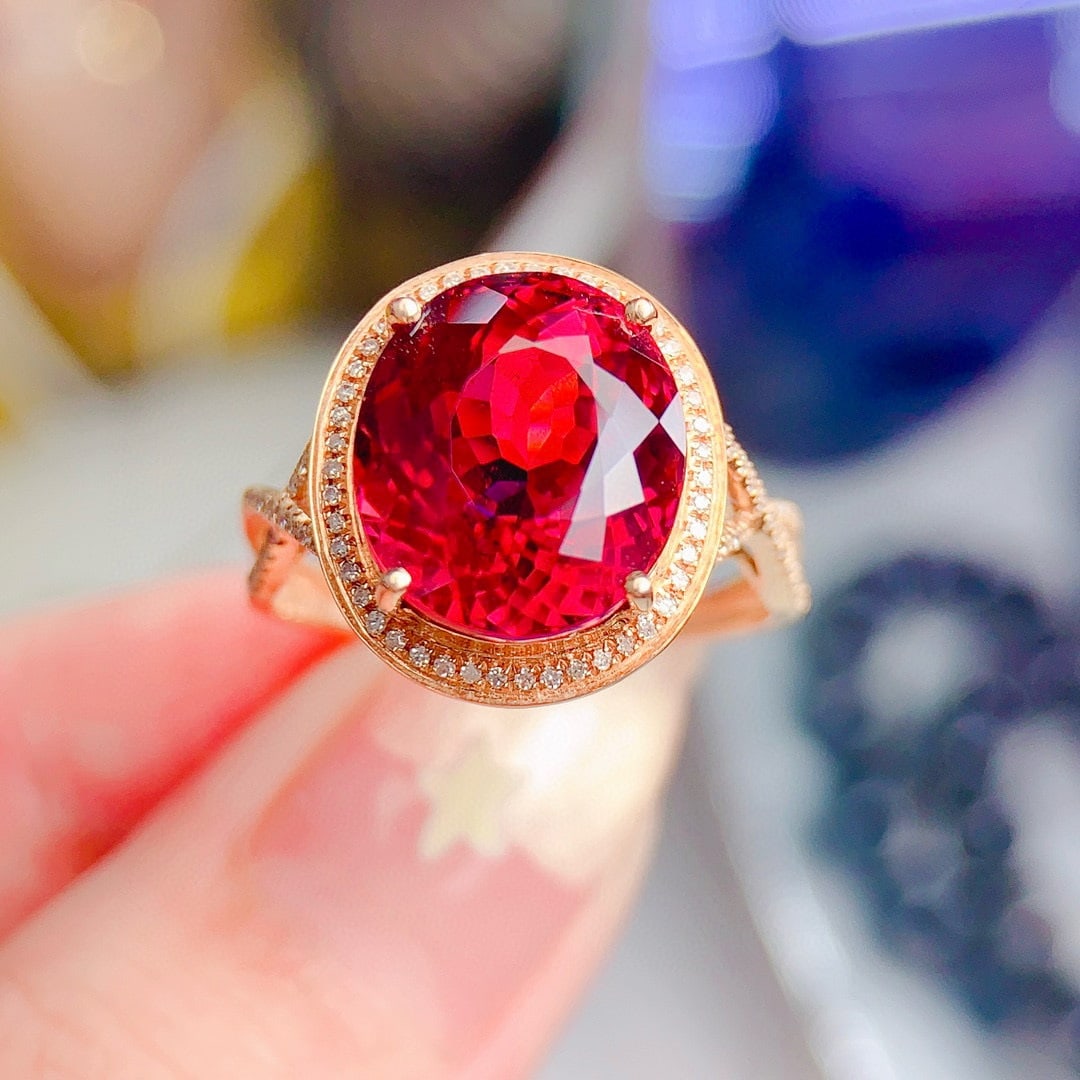 14k Gold 7.8 Ct Natural Tourmaline & Diamond Ring - 2