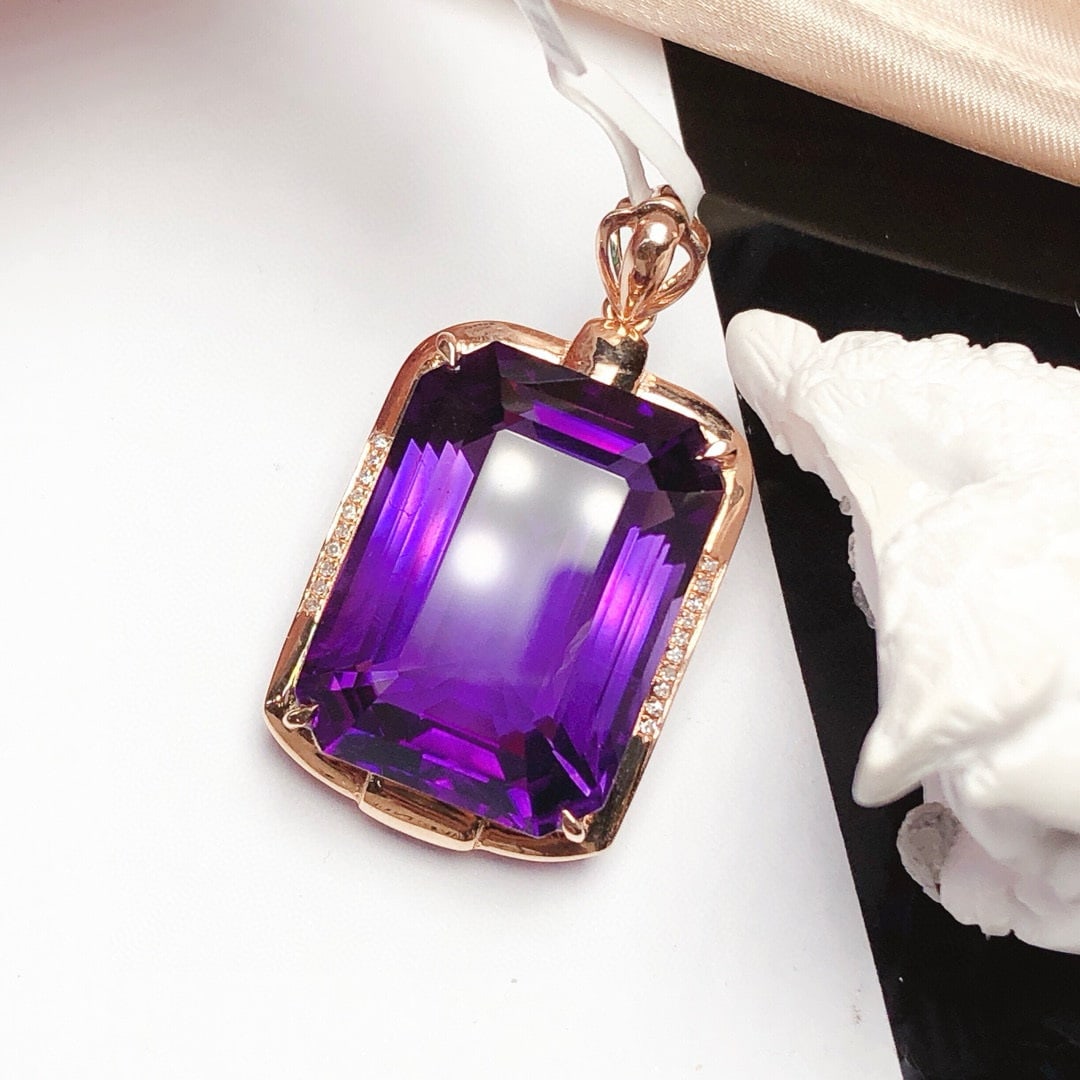 14k Gold 25.4 Ct Natural Amethyst & Diamond Pendant( Without Chain ) - 4