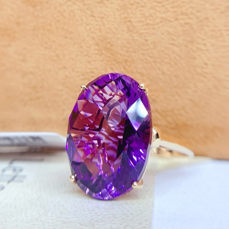 14k Gold 14 Ct Natural Amethyst & Diamond Ring - 2