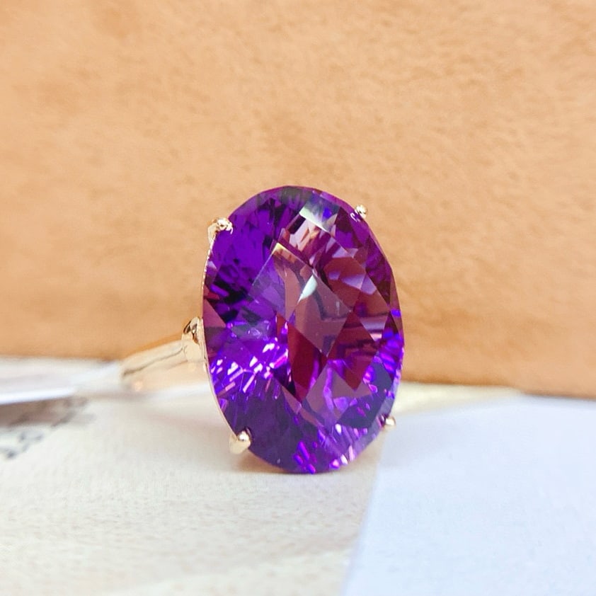 14k Gold 14 Ct Natural Amethyst & Diamond Ring - 4