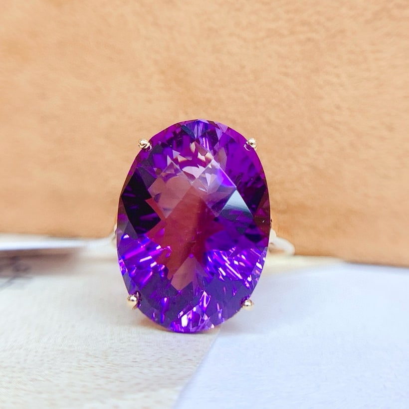 14k Gold 14 Ct Natural Amethyst & Diamond Ring - 5