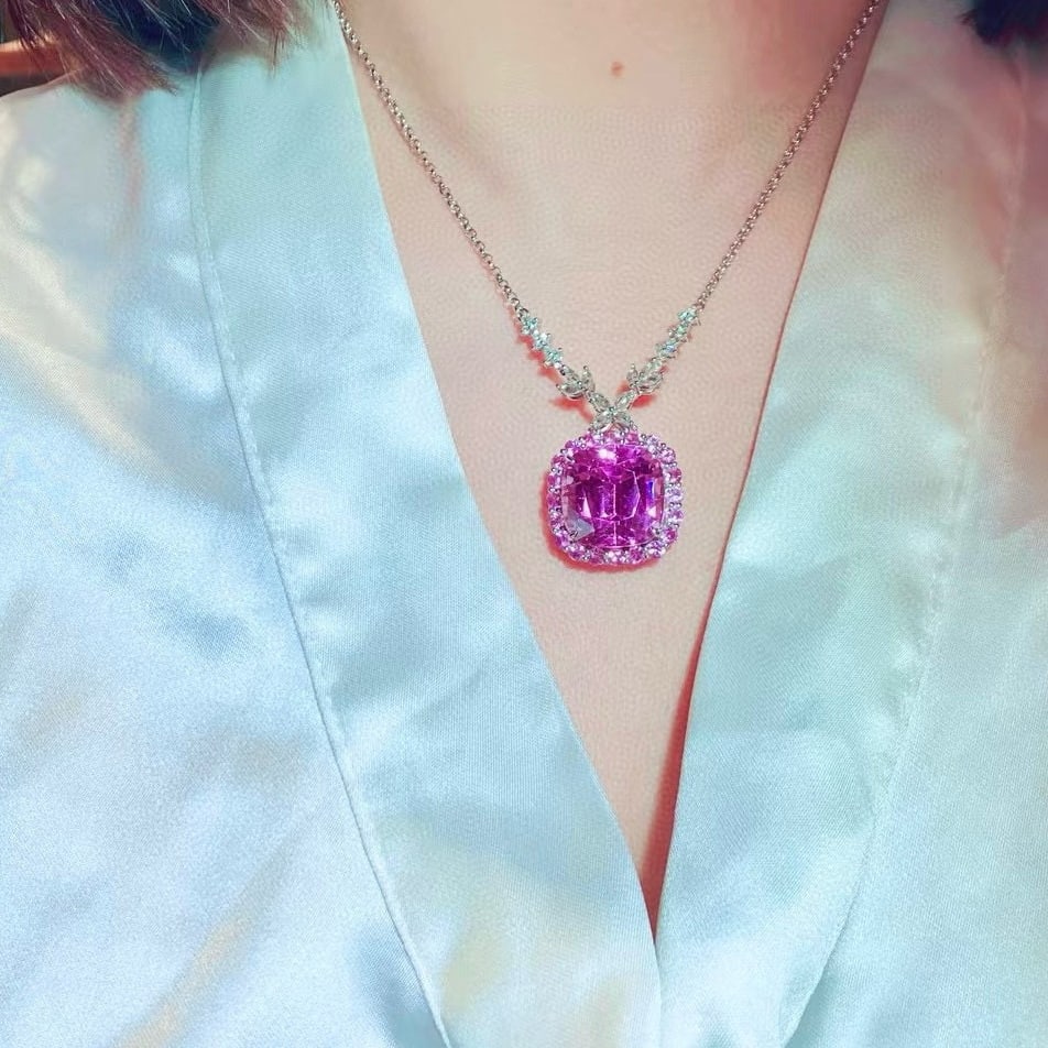 14k Gold 34.84 Ctw Natural Kunzite & Sapphire Necklace - 4