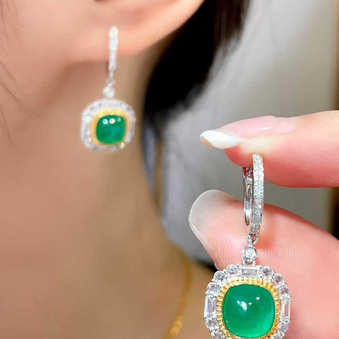 14k Gold 3.3 Ct Vivid Green Natural Emerald & Diamond & Sapphire Earrings - 4