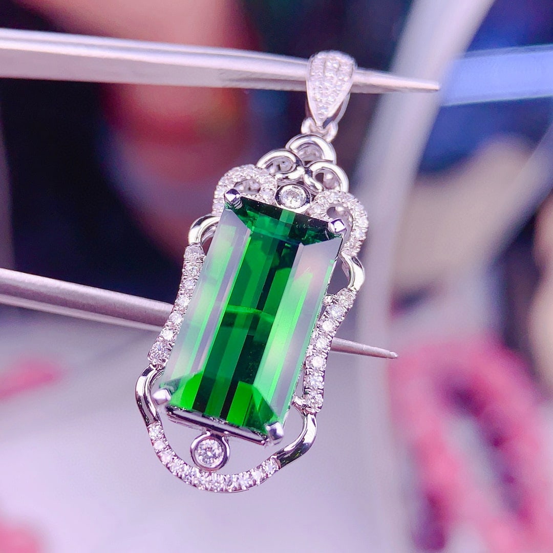14k Gold 9.5 Ct Natural Tourmaline & Diamond Pendant( Without Chain ) - 5