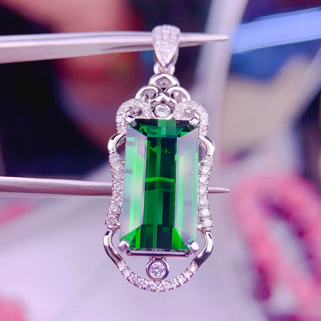 14k Gold 9.5 Ct Natural Tourmaline & Diamond Pendant( Without Chain ) - 6
