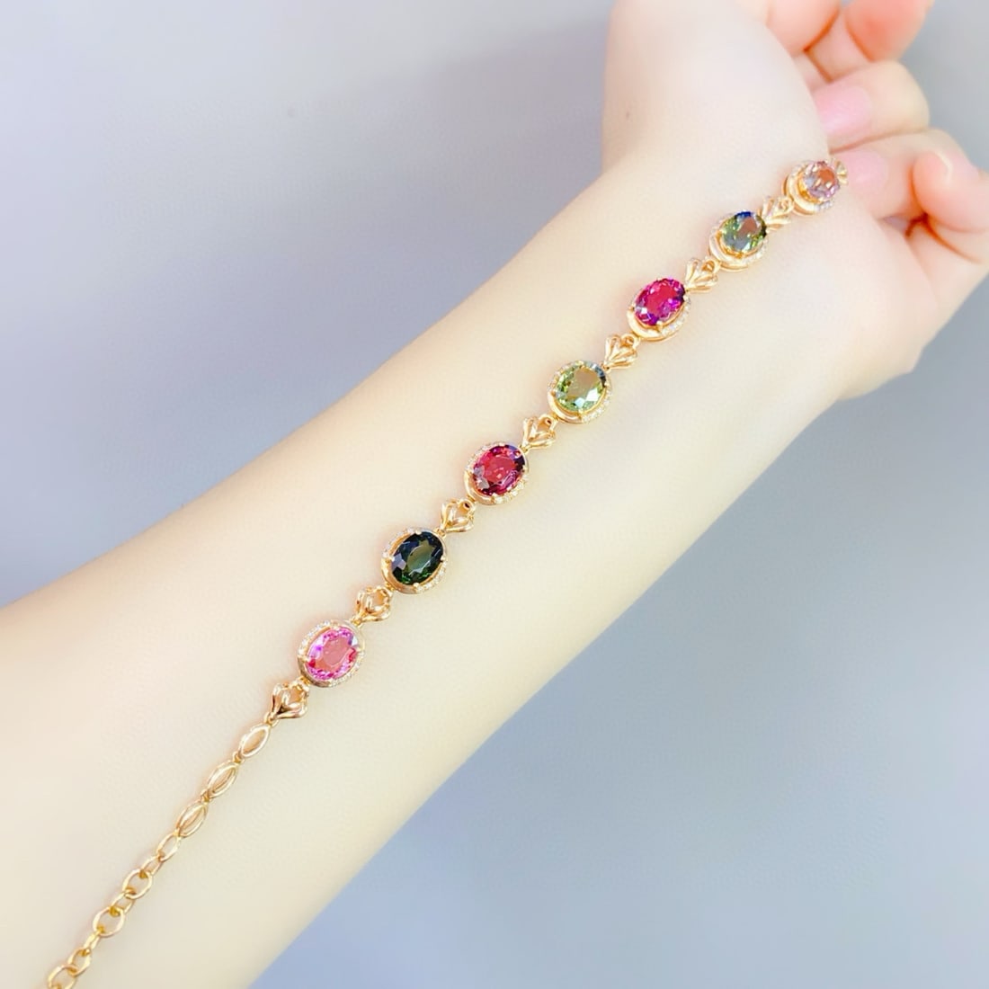 14k Gold 8.7 Ct Natural Tourmaline & Diamond Bracelet - 4