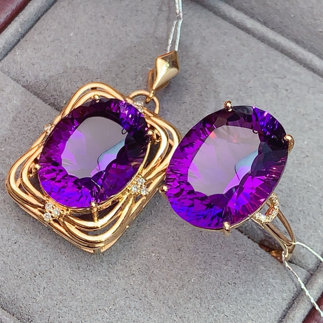 14k Gold 19.90 Ctw Natural Amethyst & Diamond Jewelry Set - 2