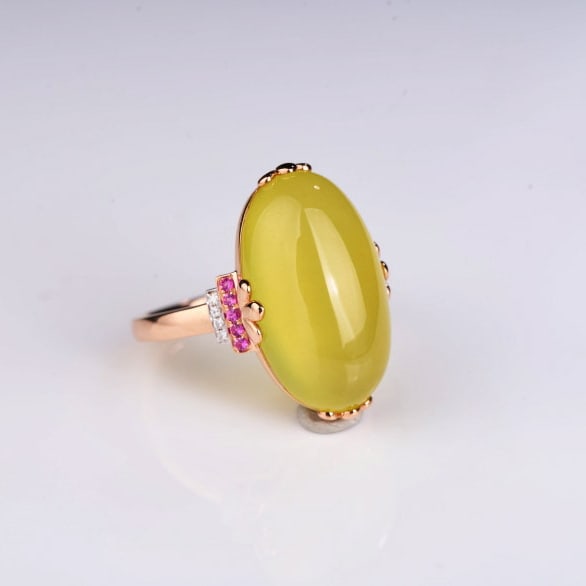 14k Gold 15.1 Ct Natural Prehnite & Diamond & Ruby Ring - 8
