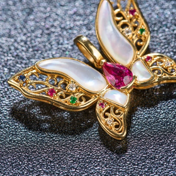 14k Gold 0.48 Ctw Natural Ruby & Diamond & Butterfly Pendant( Without Chain ) - 8
