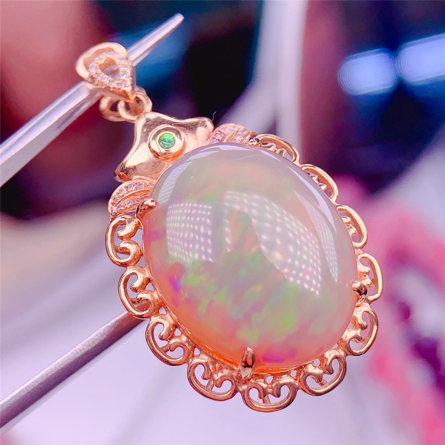 14k Gold 18.01 Ct Natural Opal & Diamond Pendant( Without Chain ) - 2