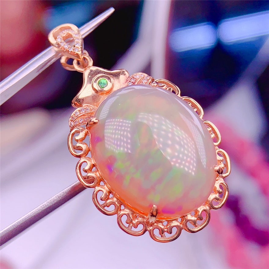 14k Gold 18.01 Ct Natural Opal & Diamond Pendant( Without Chain ) - 4
