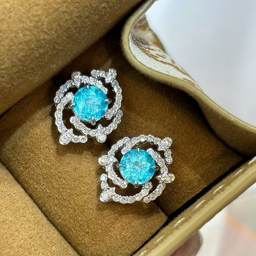 14k Gold 1.1 Ct Natural Paraiba Tourmaline & Diamond Earrings - 3