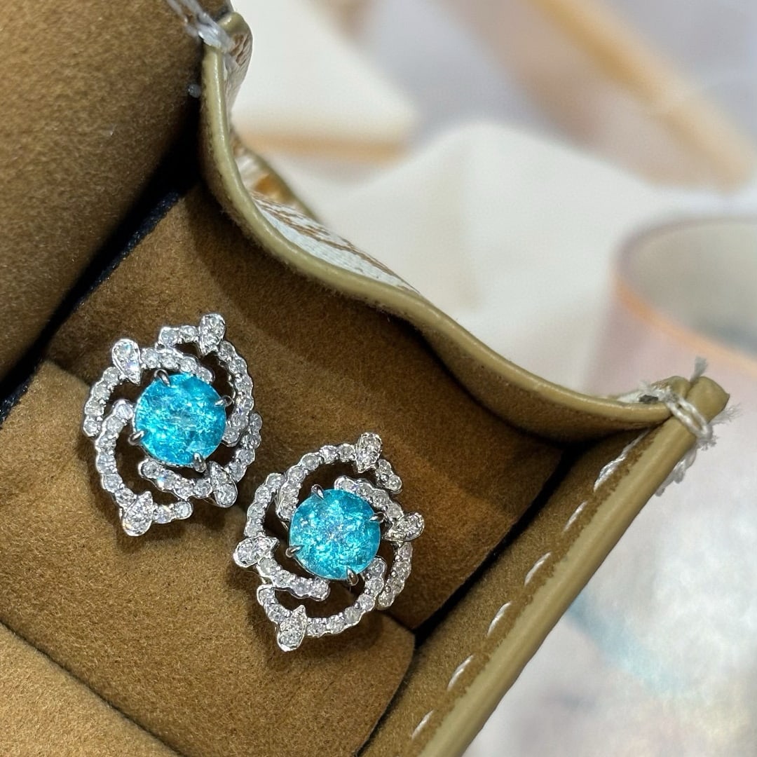 14k Gold 1.1 Ct Natural Paraiba Tourmaline & Diamond Earrings - 4